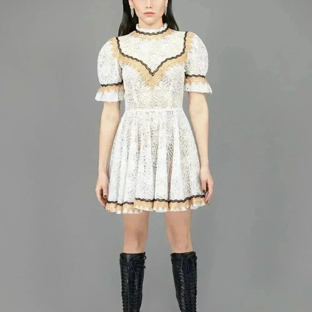 Vintage White Western Baby Doll Dress Size Small Boho Chic Puff Sleeve Dress